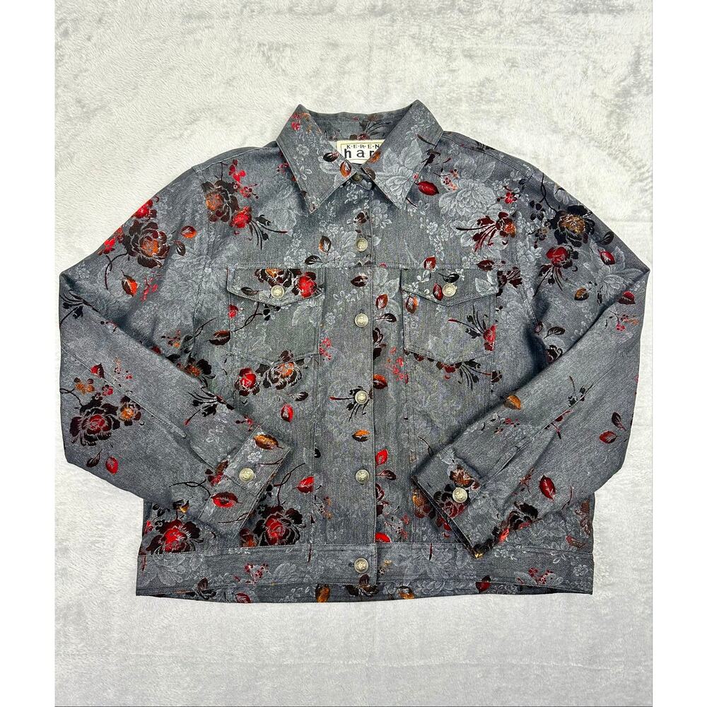 Vintage Keren Hart Black Denim Jean Velvet Burnout Jacket Witchy Whimsigoth XL